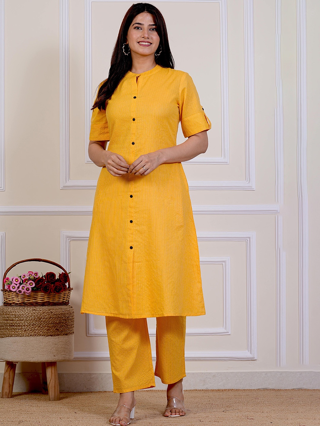 

Moktika Embroidered Mandarin Collar Kantha Work A Line Kurta with Trousers, Yellow
