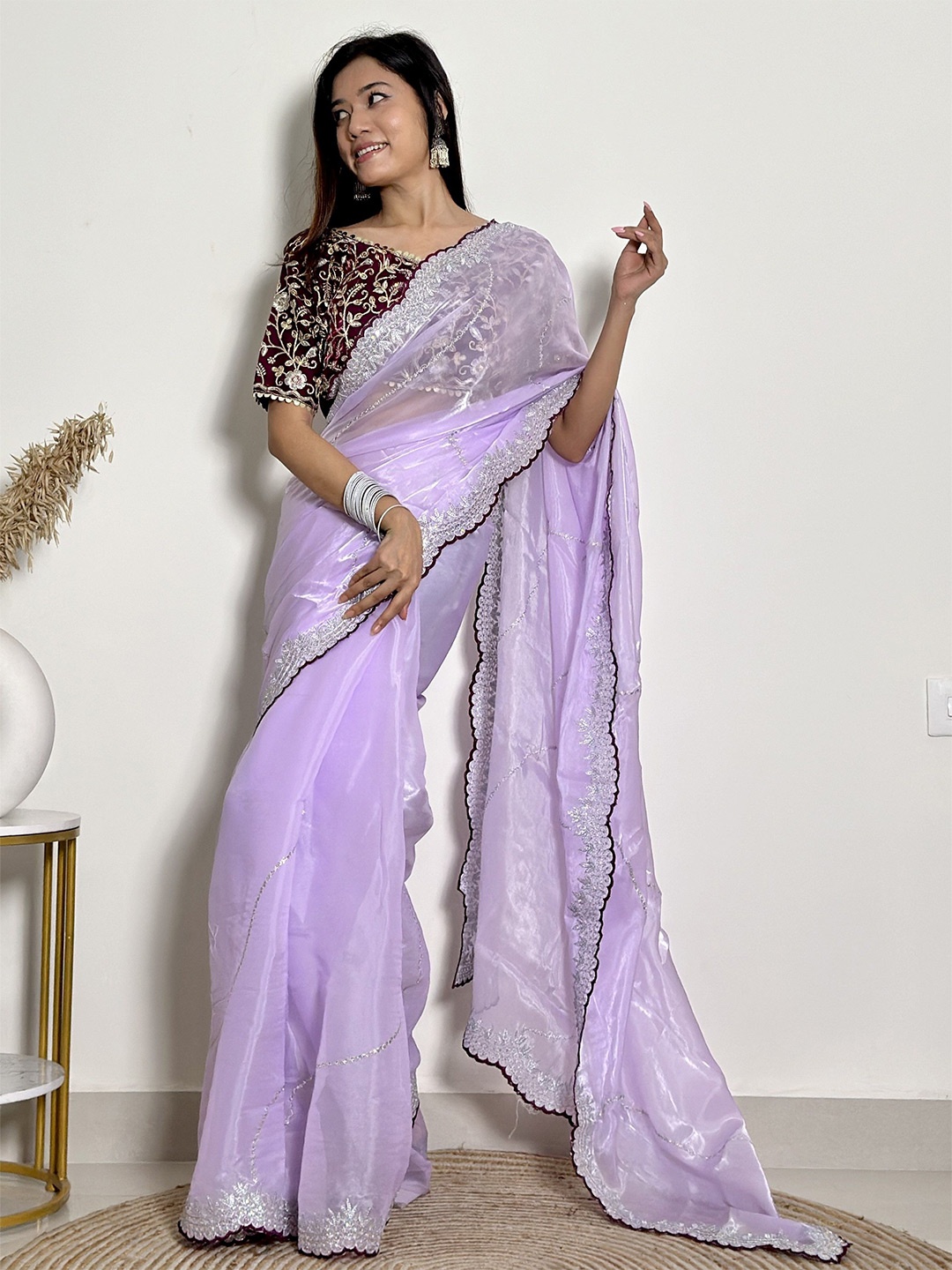 

Mitera Embroidered Sequinned Organza Ethnic Motifs Saree, Purple