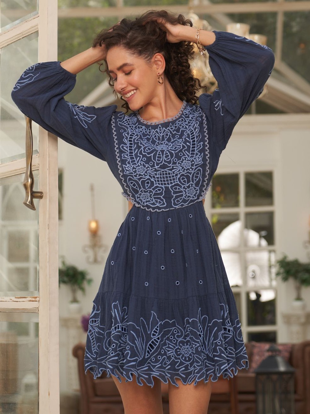 

Style Island Ethnic Motifs Embroidered Cut-Outs Satin Fit & Flare Dress, Blue