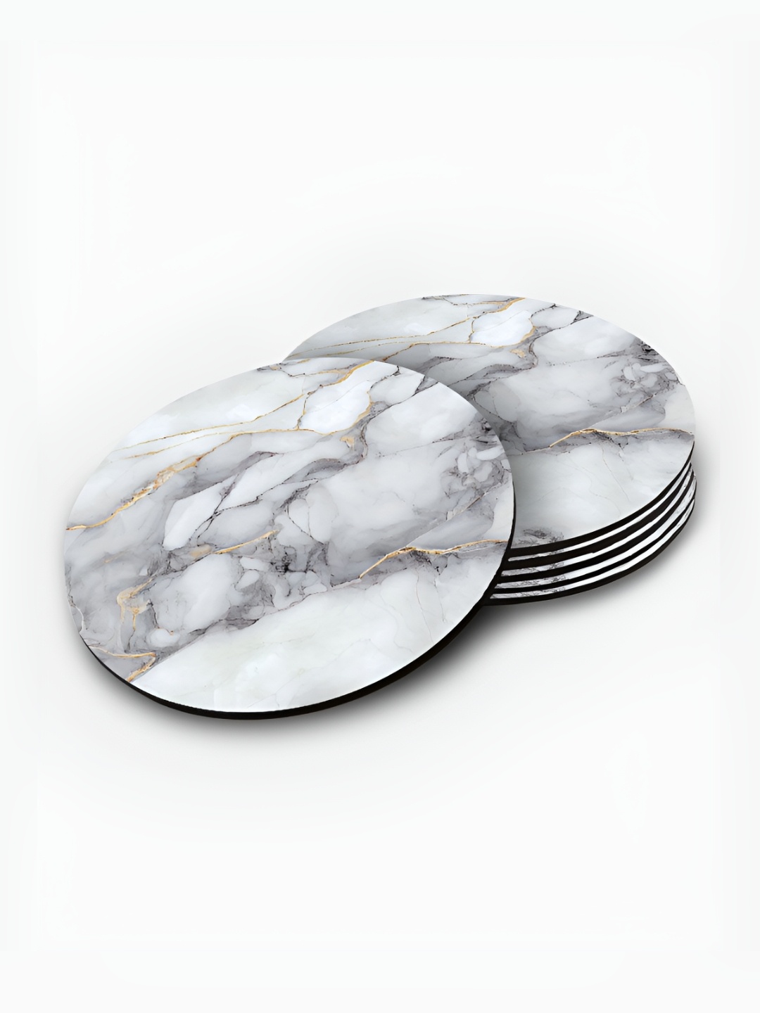 

macmerise White & Grey 6 Pieces Abstract Printed Wooden Circular Coasters