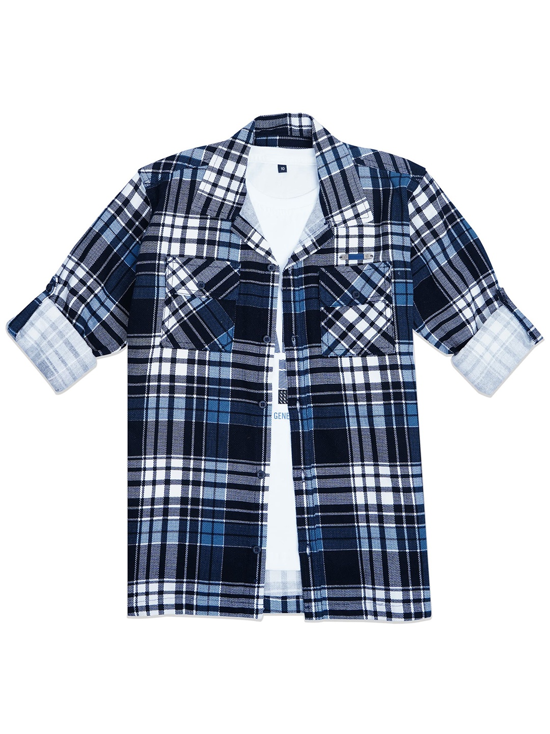 

CAVIO Boys Comfort Tartan Checked Casual Shacket Pure Cotton Shirt With T-Shirt, Navy blue