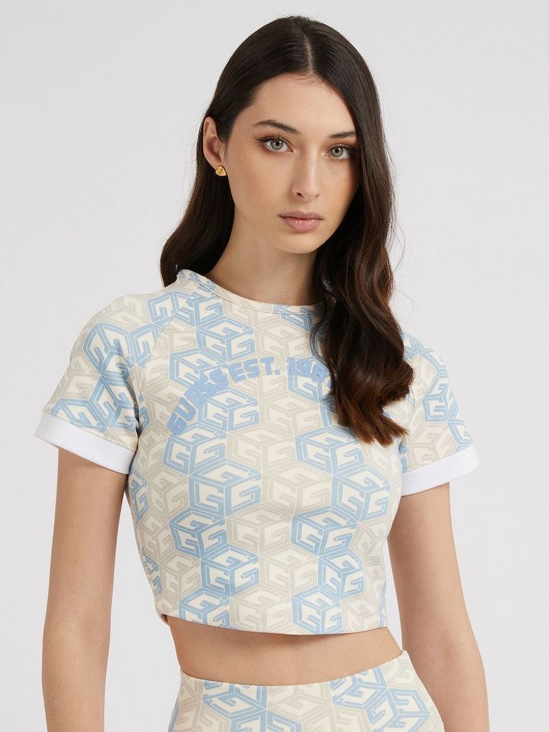 

GUESS Women Abstract Printed Round Neck Cotton Top, Blue