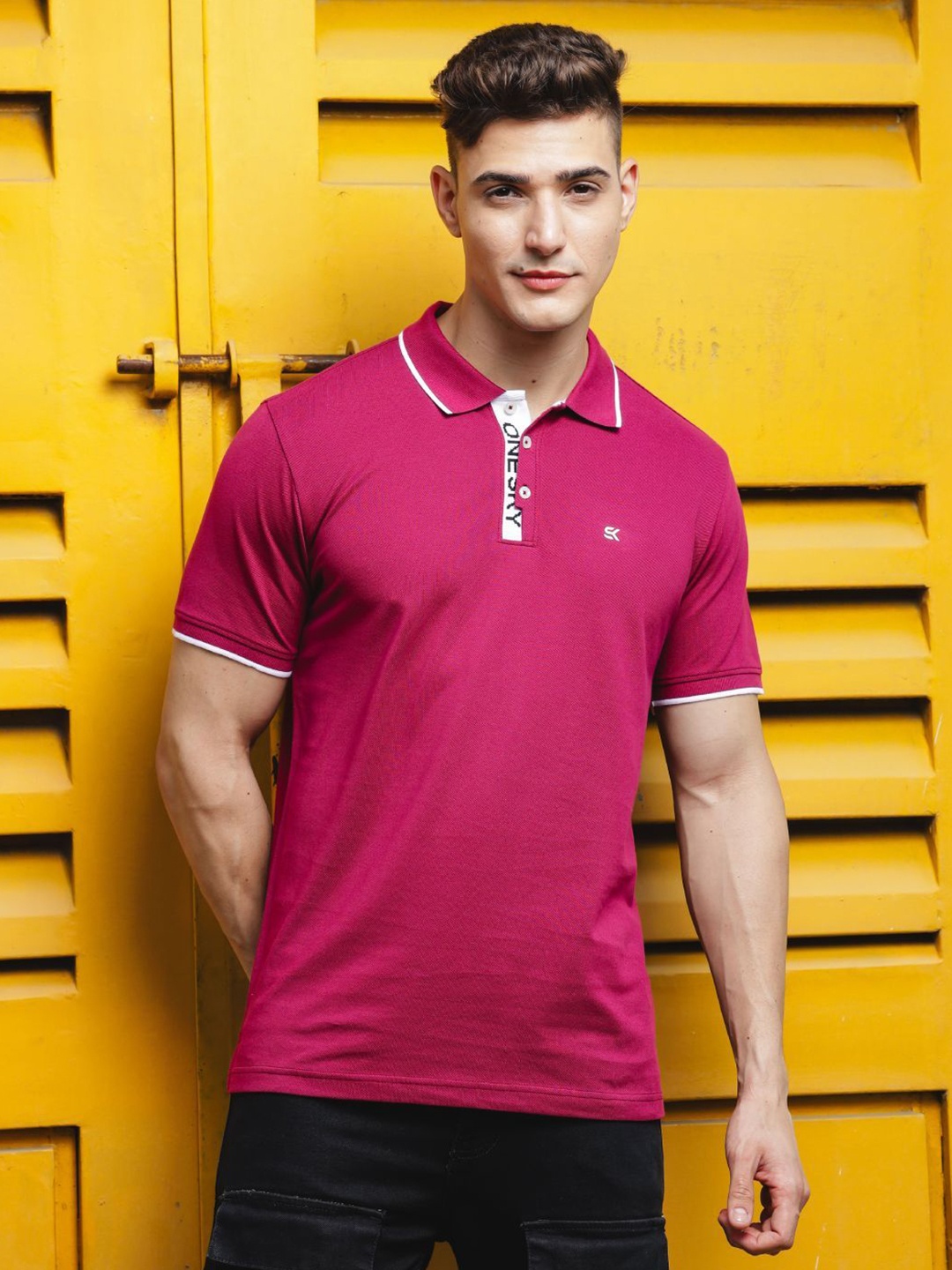 

ONE SKY Men Solid Polo Collar Cotton T-Shirt, Pink