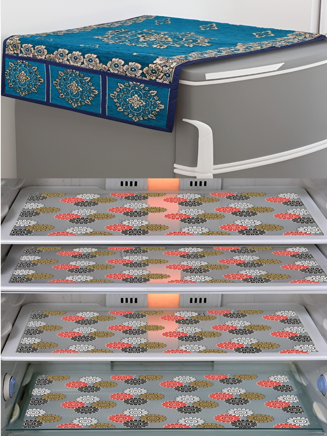 

LooMantha Blue & Transparent 5 Pieces Floral Printed Fridge Top Cover & Fridge Mats