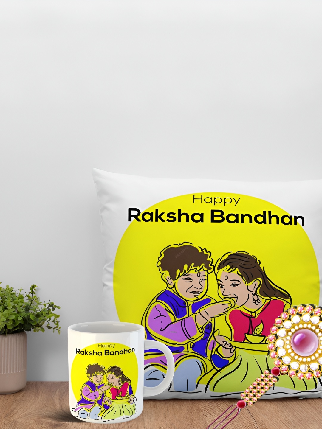 

ARTBUG White & Yellow 3 Pieces Printed Rakhi Gift Set