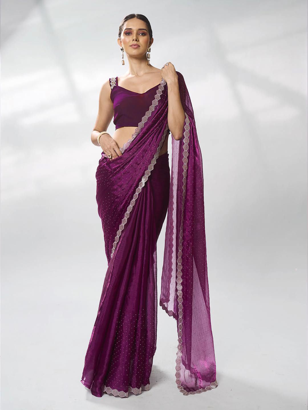 

Kalista Embellished Beads and Stones Organza Saree, Purple