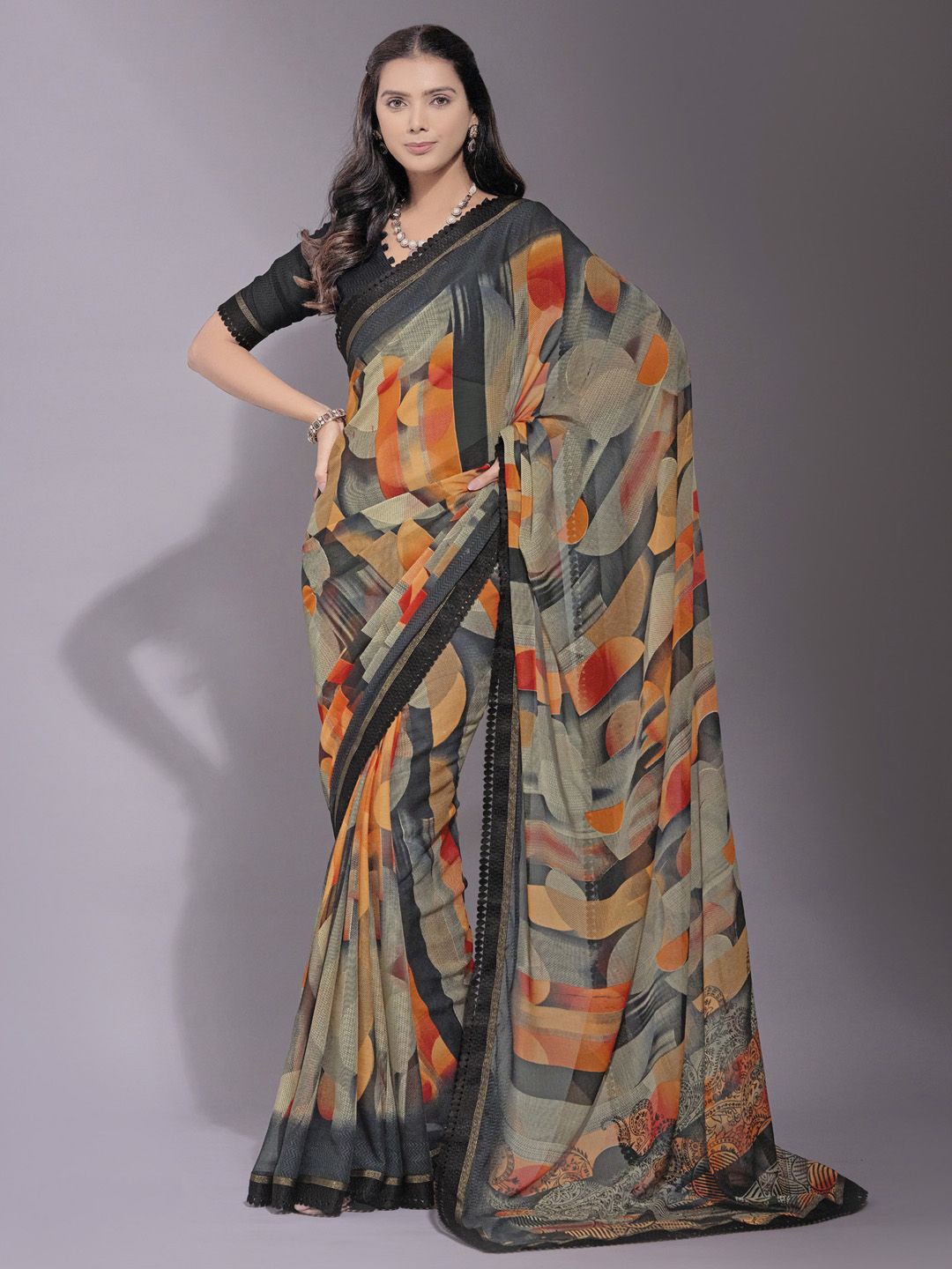 

KALINI Printed Bagh Saree, Grey