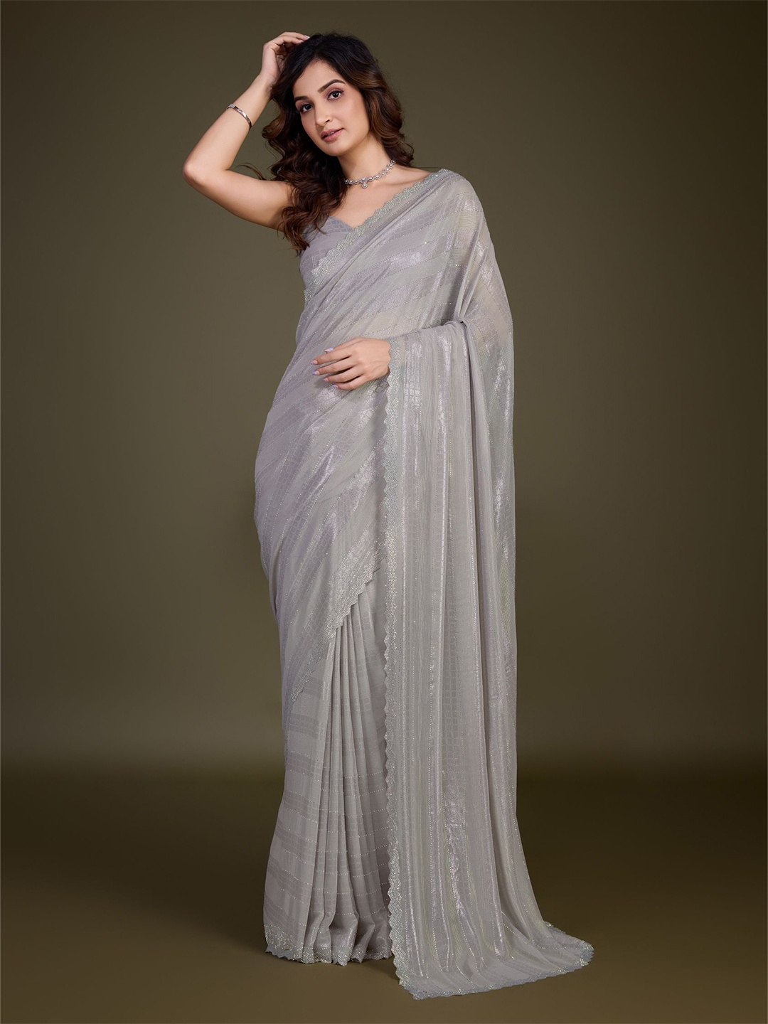 

Trendmalls Striped Beads and Stones Pure Chiffon Saree, Grey