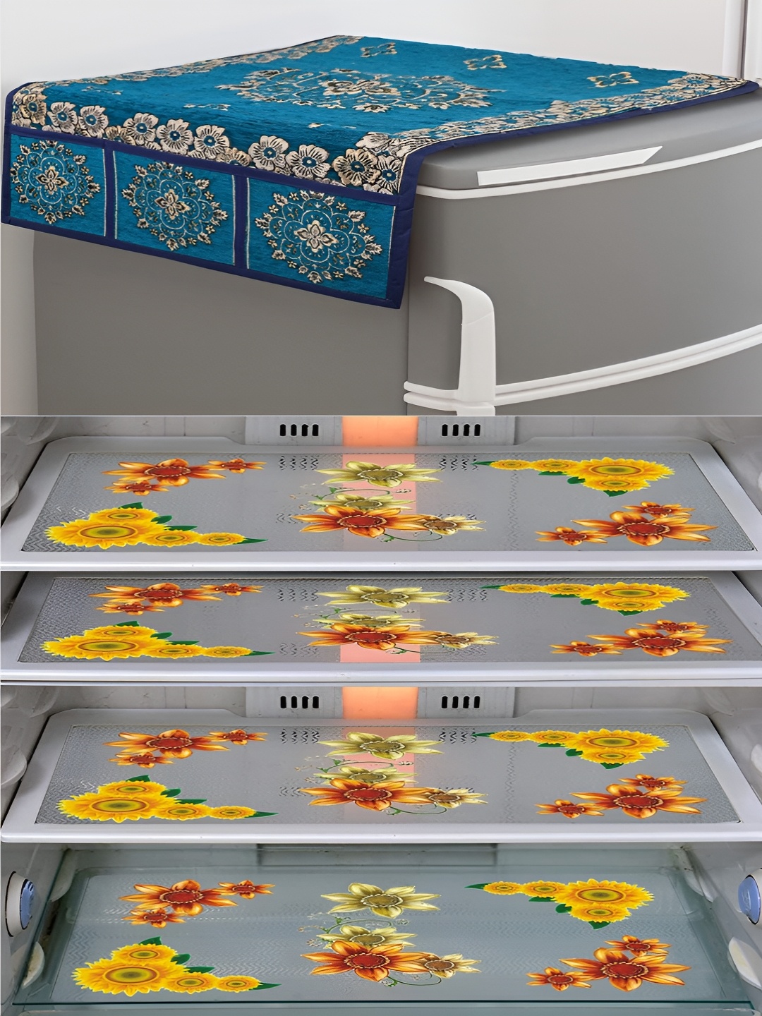 

LooMantha Red & Yellow 5 Pieces Printed Fridge Cover With Side Storage & Fridge Mat
