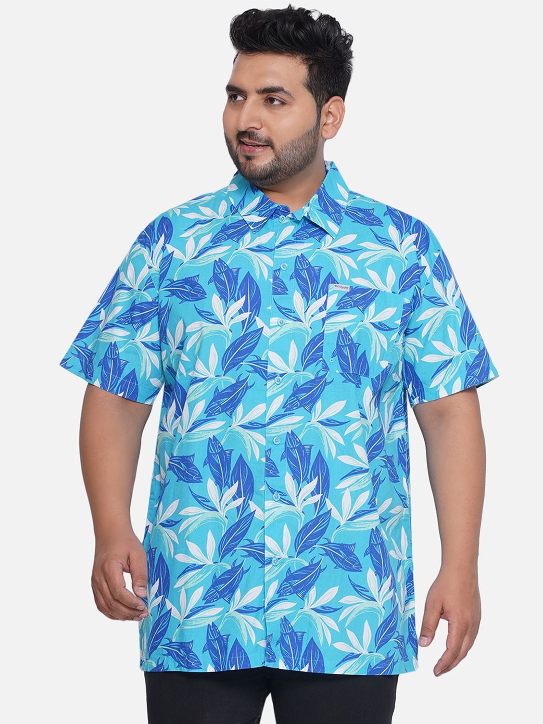 

Santonio Men Classic Spread Collar Floral Printed Cotton Plus Size Casual Shirt, Blue