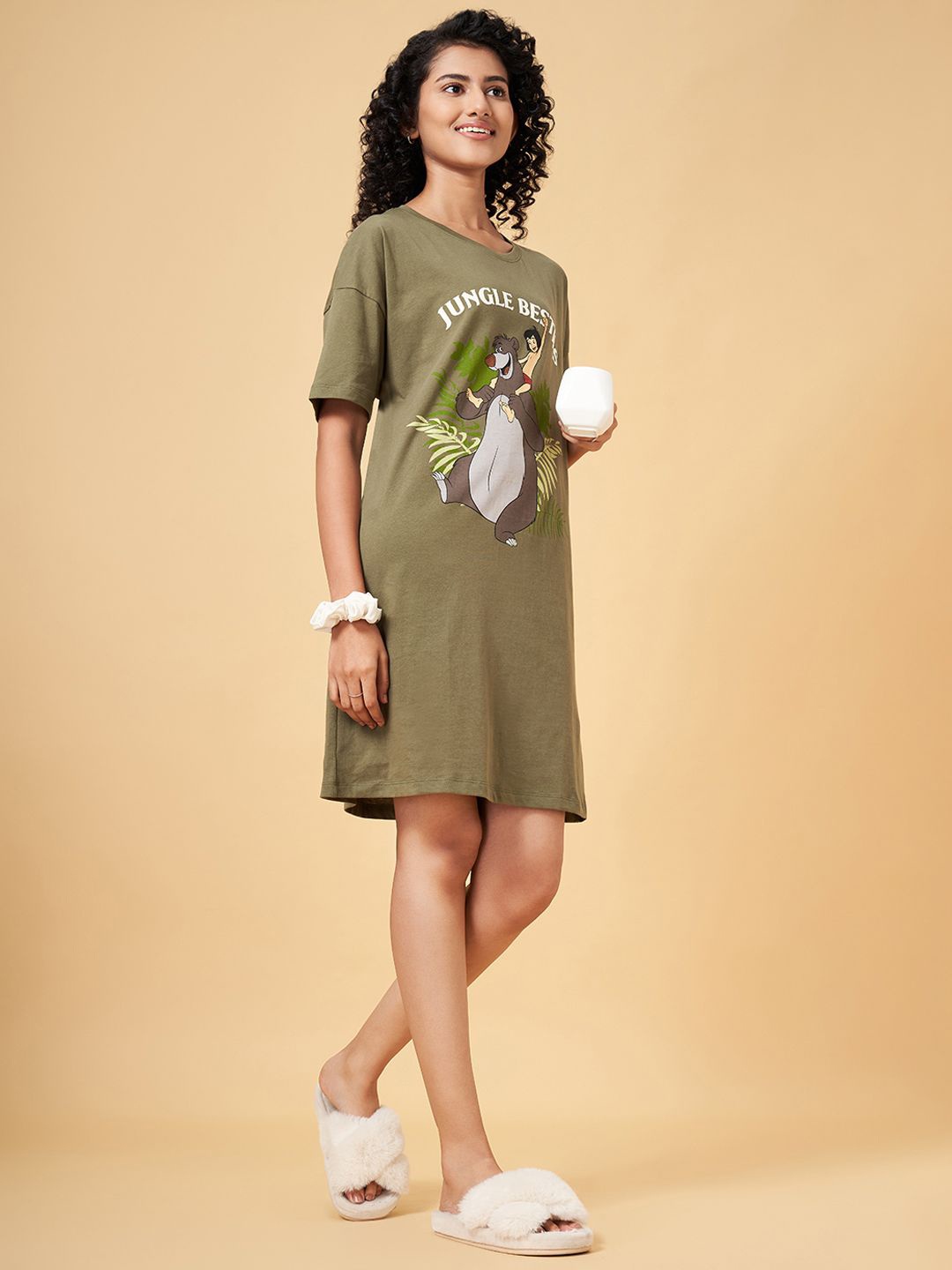 

Dreamz by Pantaloons Pure Cotton Round Neck T-shirt Nightdress, Olive