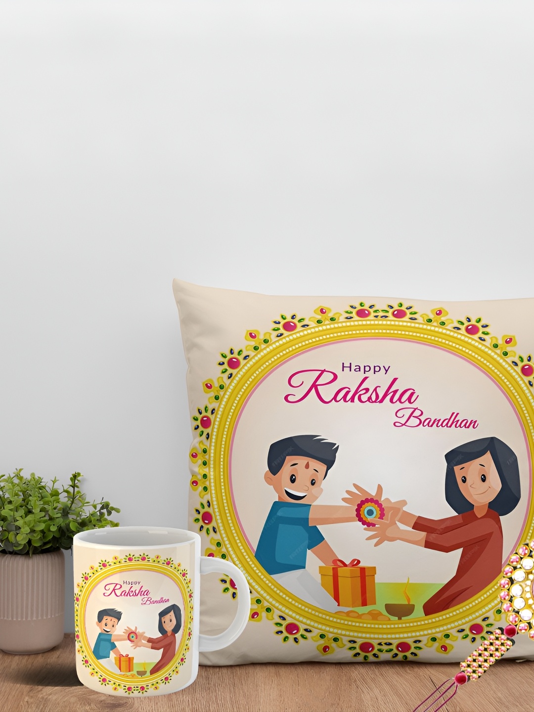 

ARTBUG Set Of 3 Rakhi With Printed Mug & Cushion, Gold