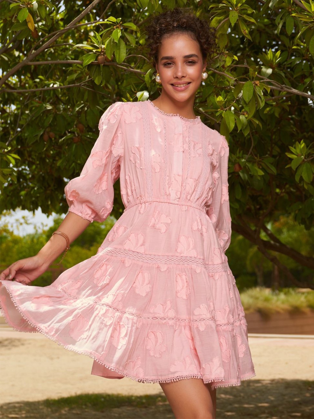 

Style Island Self Design Puff Sleeves Fit & Flare Dress, Pink