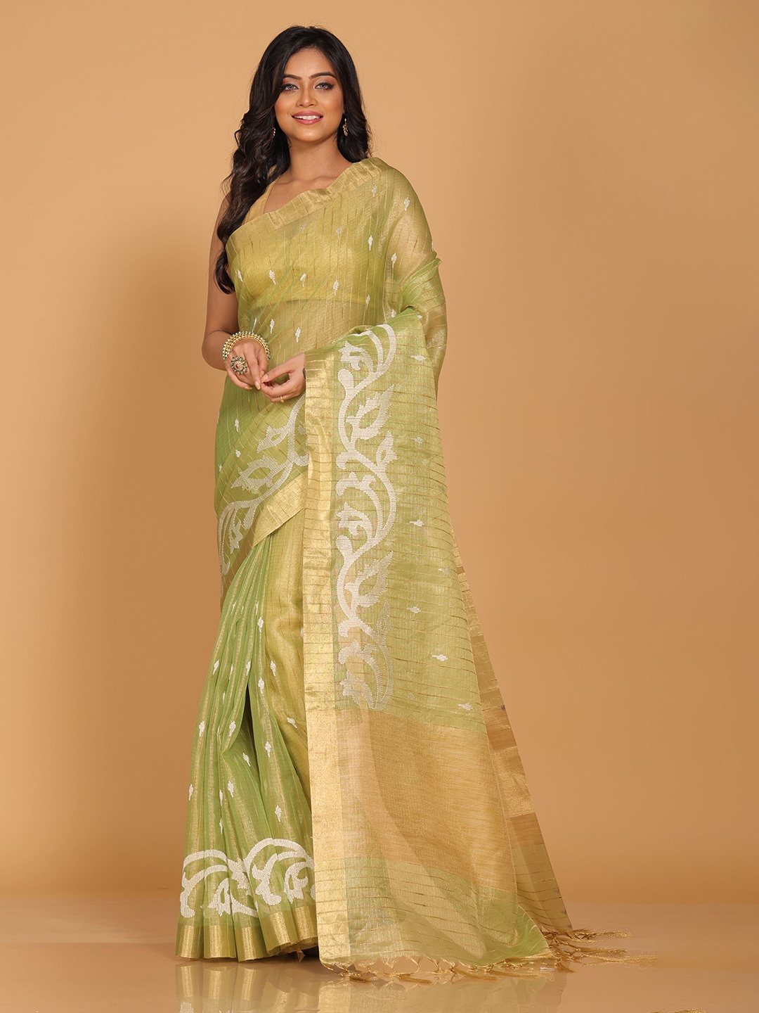 

Morchari Embroidered Zari Floral Tissue Saree, Green