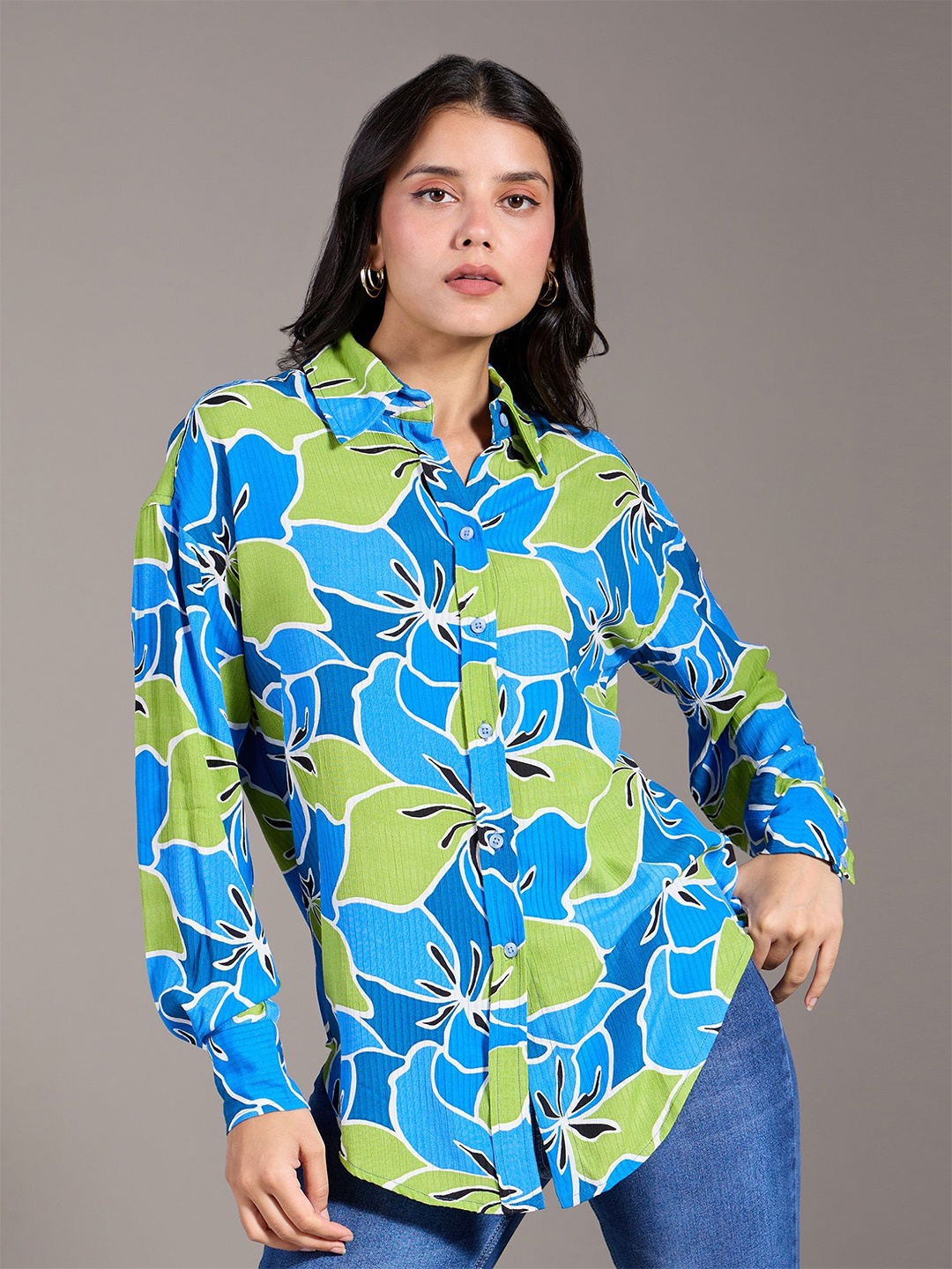 

20Dresses Women Spread Collar Abstract Printed Casual Shirt, Blue