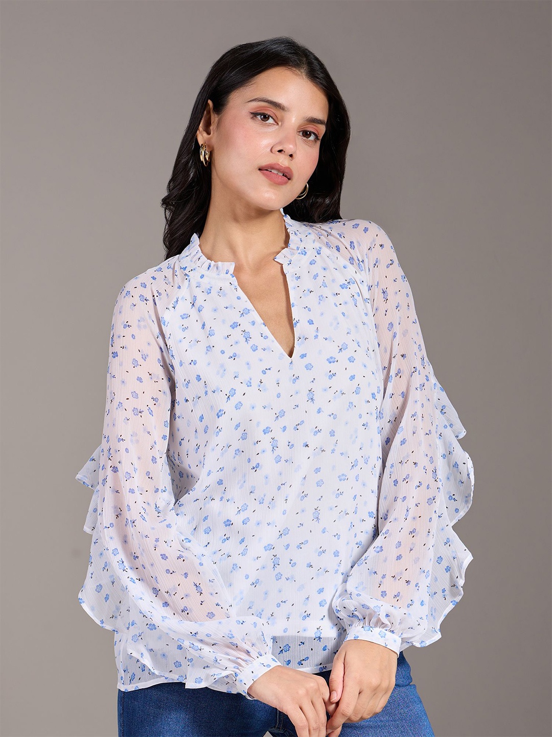 

20Dresses Women Floral Printed Mandarin Collar Top, White
