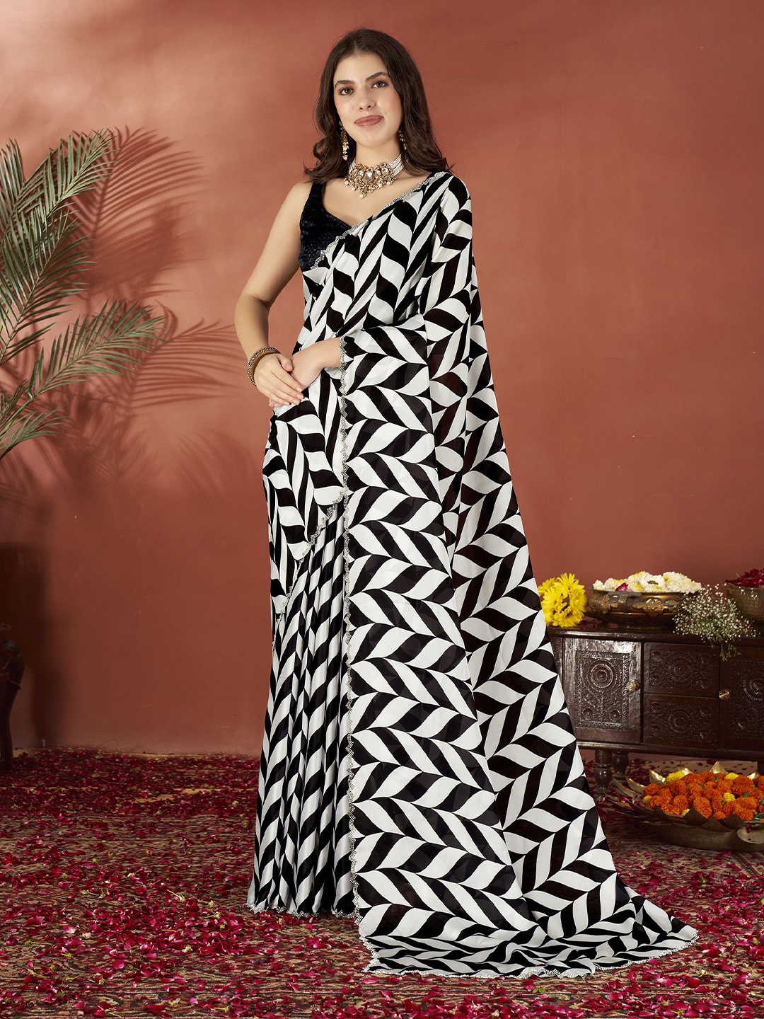 

Anouk Printed Beads and Stones Satin Saree, Black