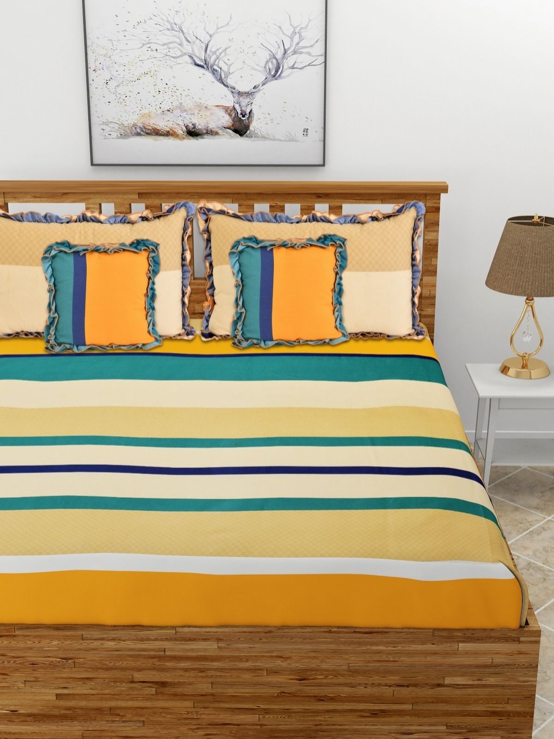 

MORADO Brown & Green 5 Pieces Striped Cotton Double Queen Fine Bedding Set