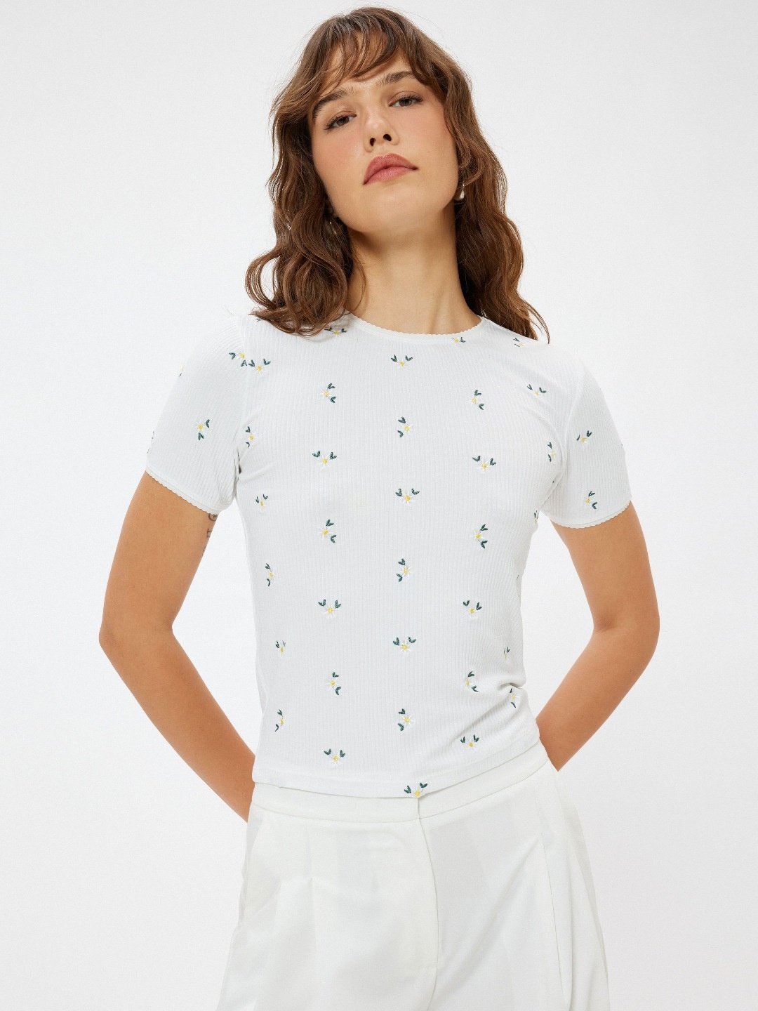 

Koton Women Floral Printed Round Neck T-Shirt, White