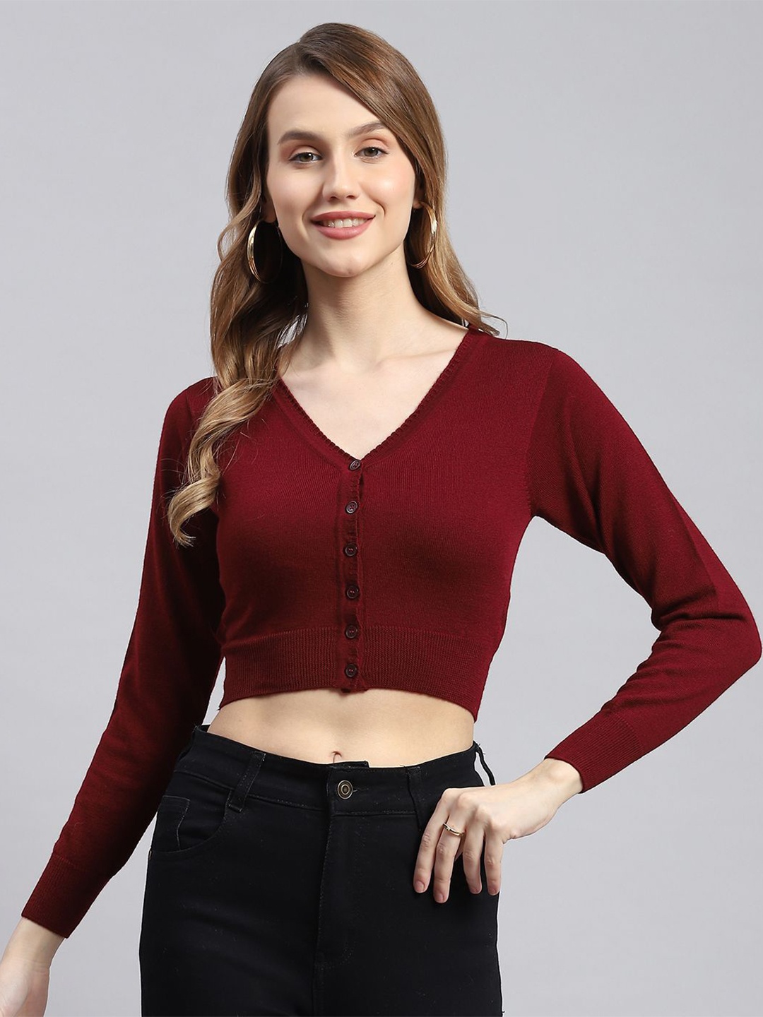 

Monte Carlo Women Woollen Crop Cardigan, Maroon