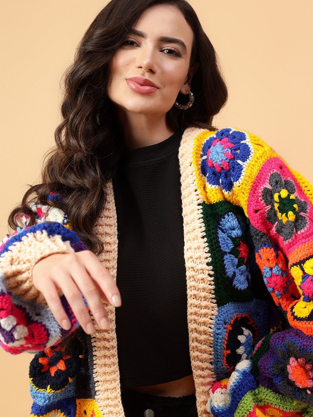 

Velvery Women Floral Cardigan with Applique Detail, Beige