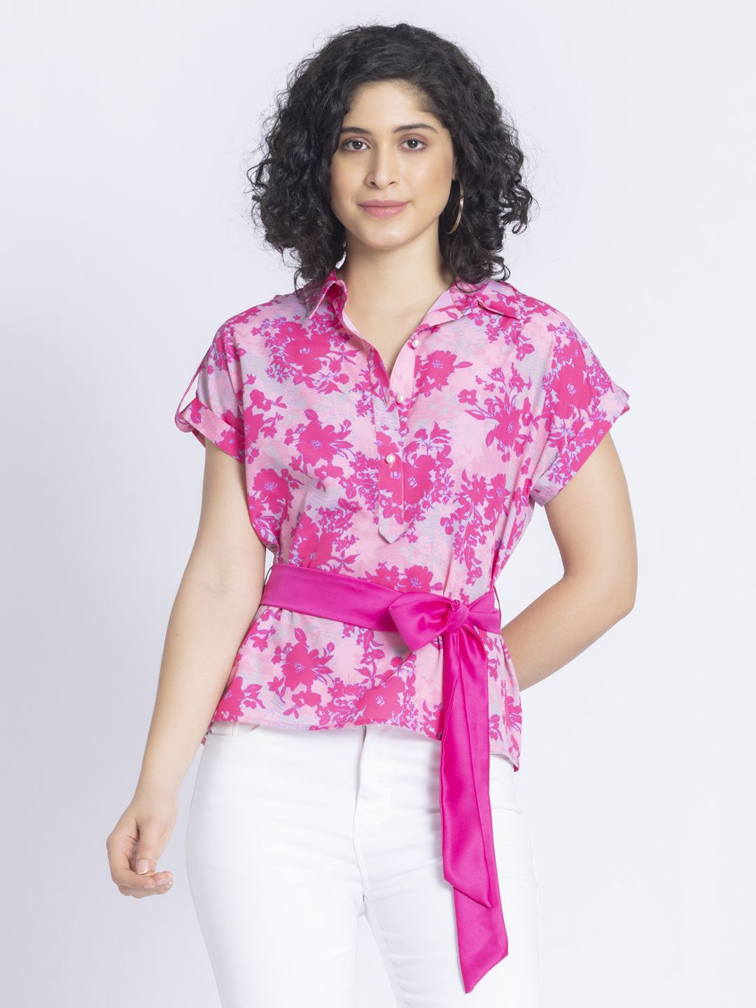 

SHAYE Floral Printed Extended Sleeves Waist Tie-Ups Spread Collar Top, Fuchsia