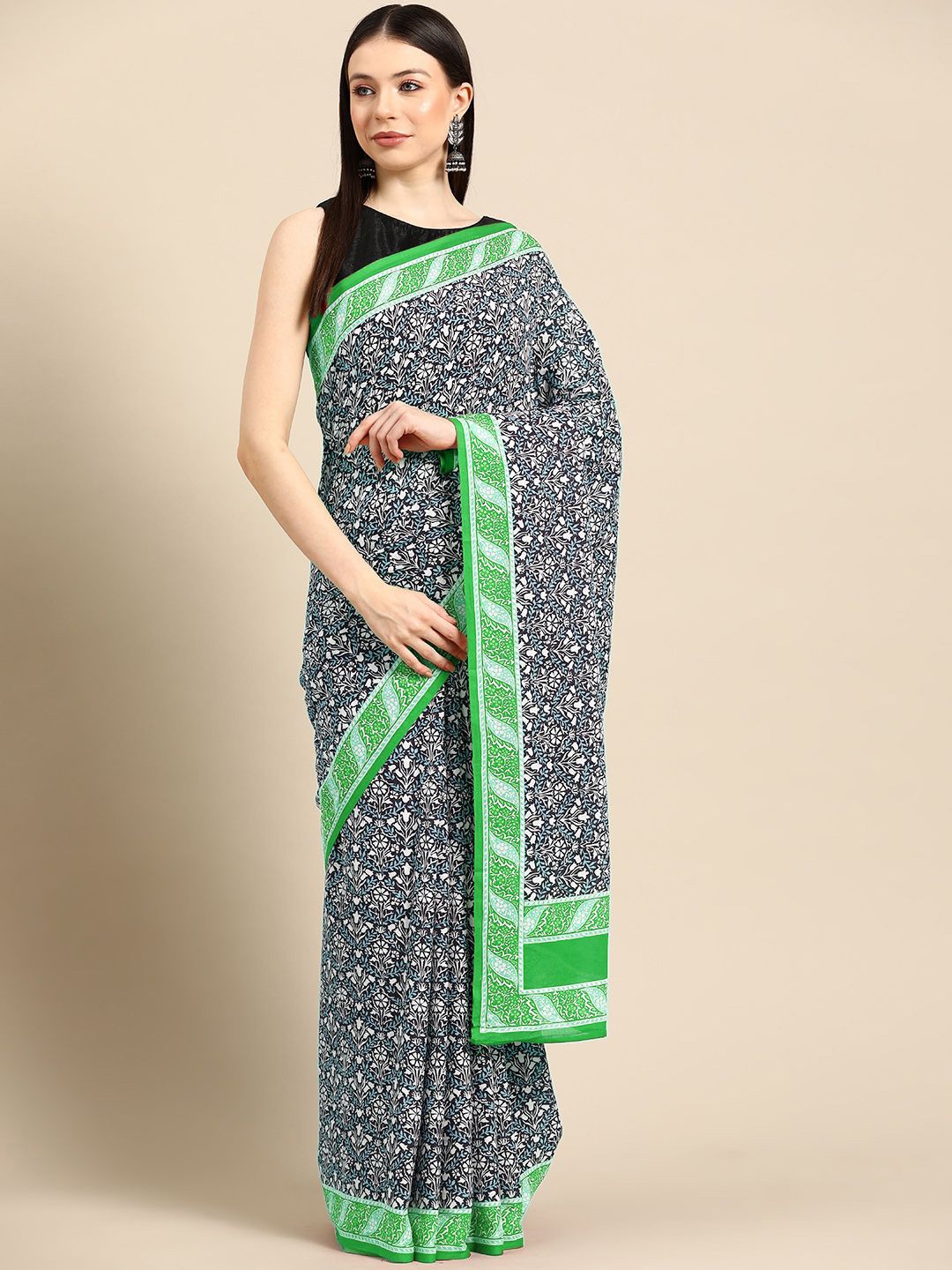 

BUTA BUTI Floral Pure Cotton Saree, Green