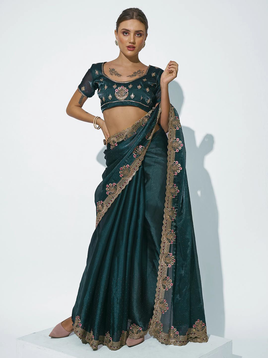 

Kalista Embellished Embroidered Organza Designer Saree, Teal