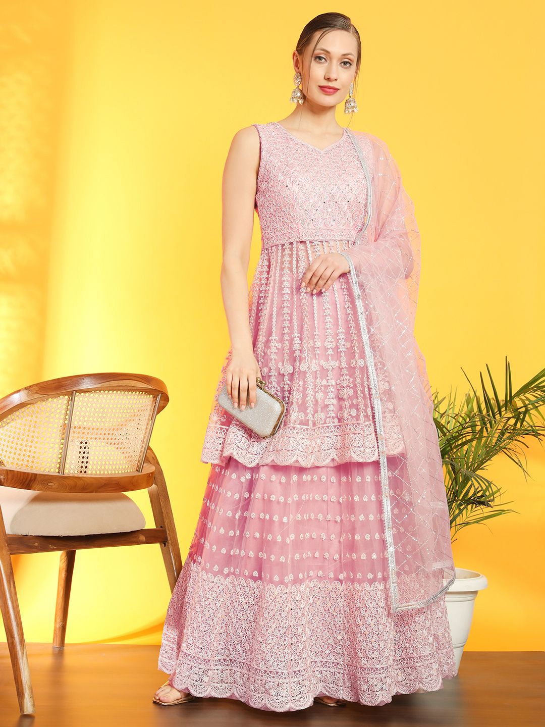 

Chhabra 555 Embellishments & Sequinned Peplum Kurta Lehenga With Dupatta, Pink