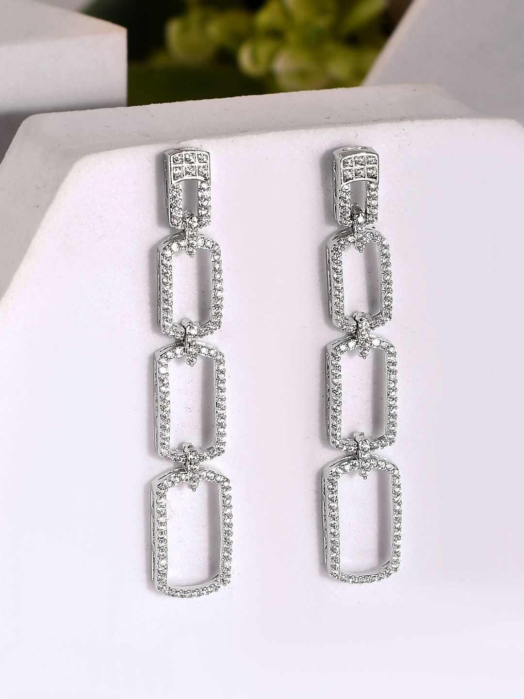 

Voylla Rhodium-Plated Sparkling Elegance Shimmering Chic American Diamond Drop Earrings, Silver