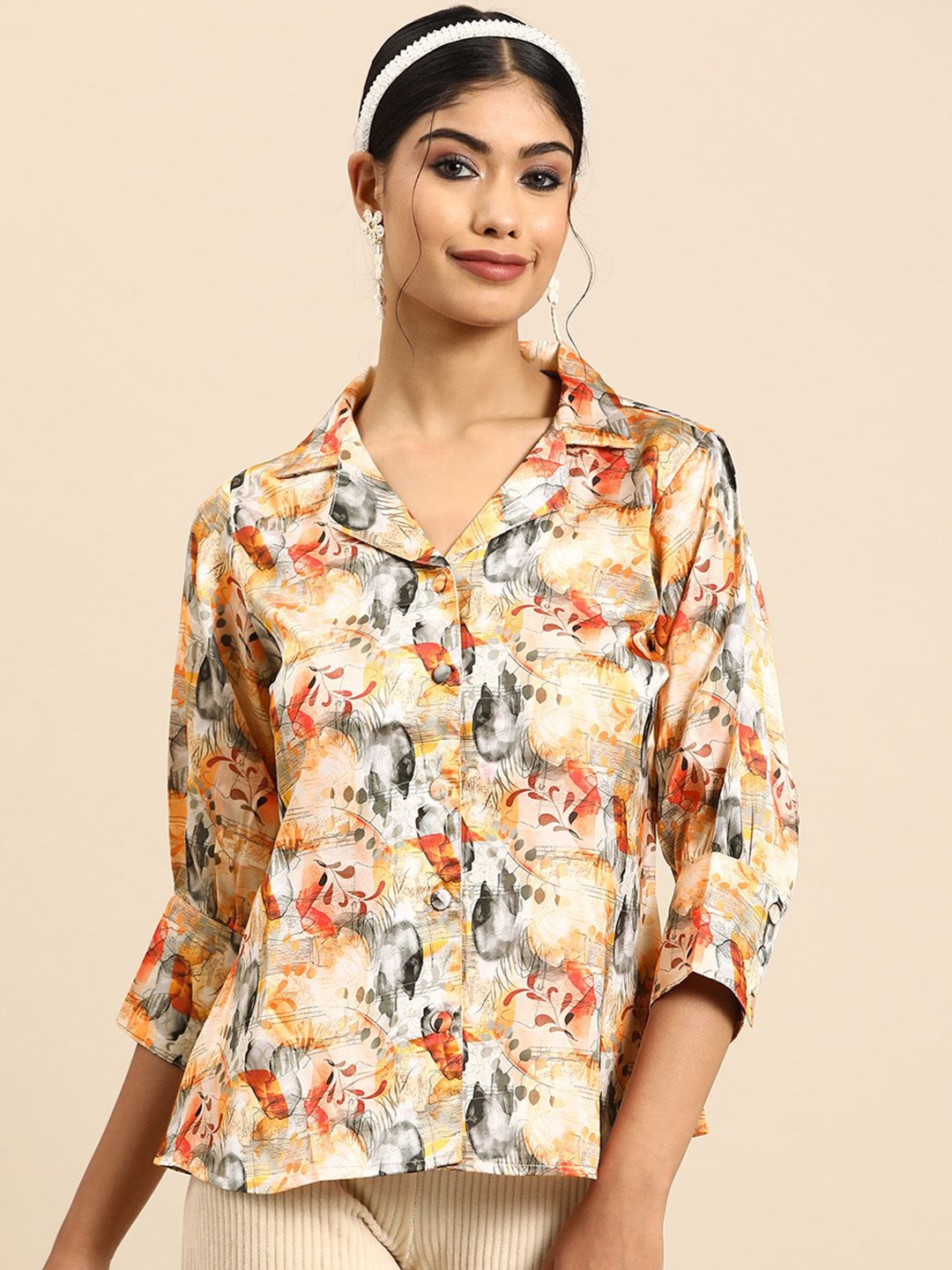 

all about you Women Abstract Printed Lapel Collar Top, Mustard