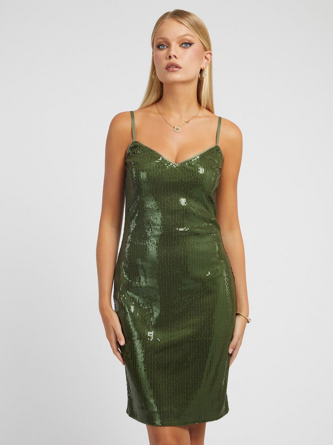 

GUESS Embellished Shoulder Straps Sleeveless Bodycon Dress, Green