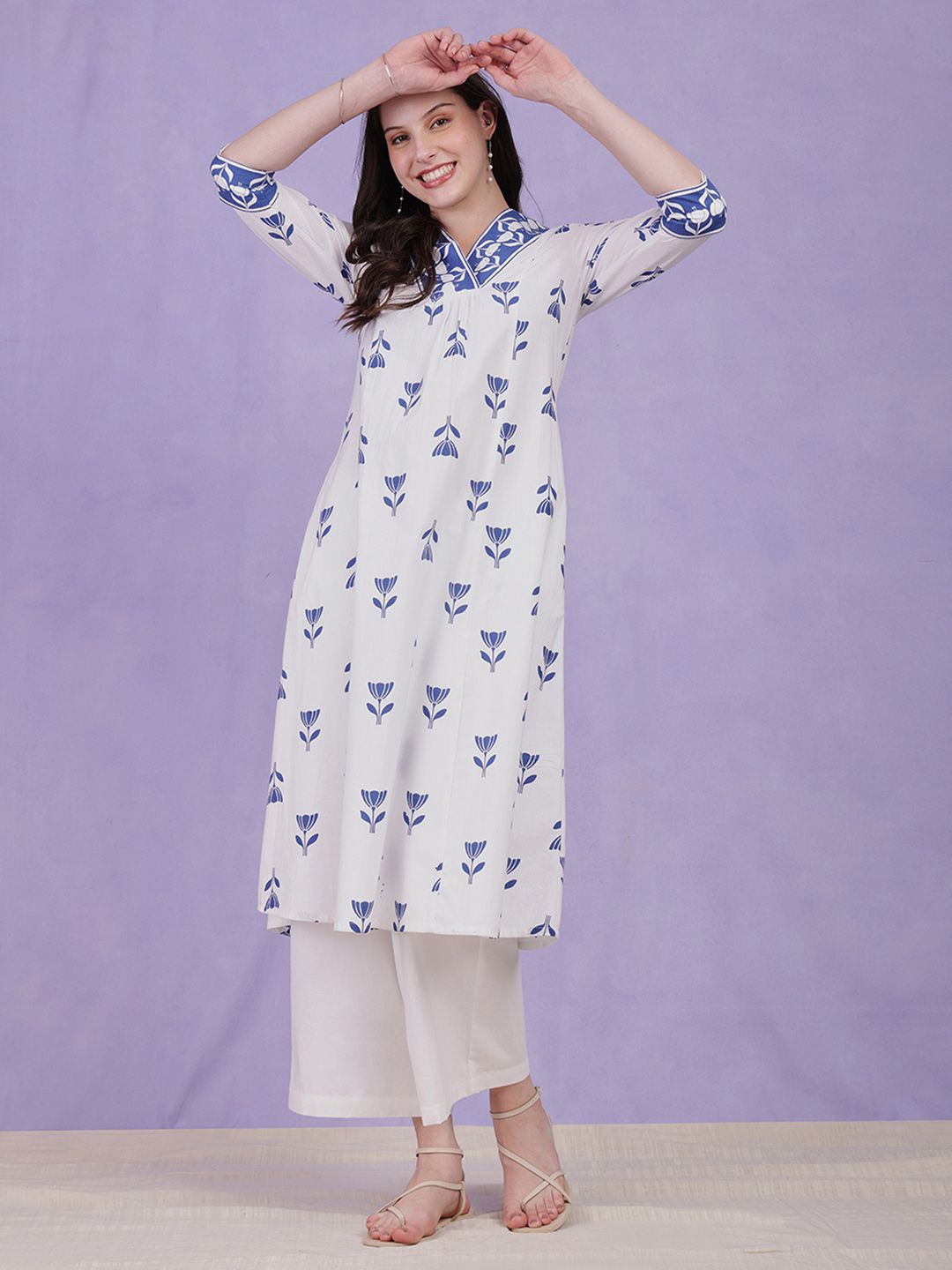 

Pink Fort Floral Printed V Neck Cotton A-Line Kurta, Blue
