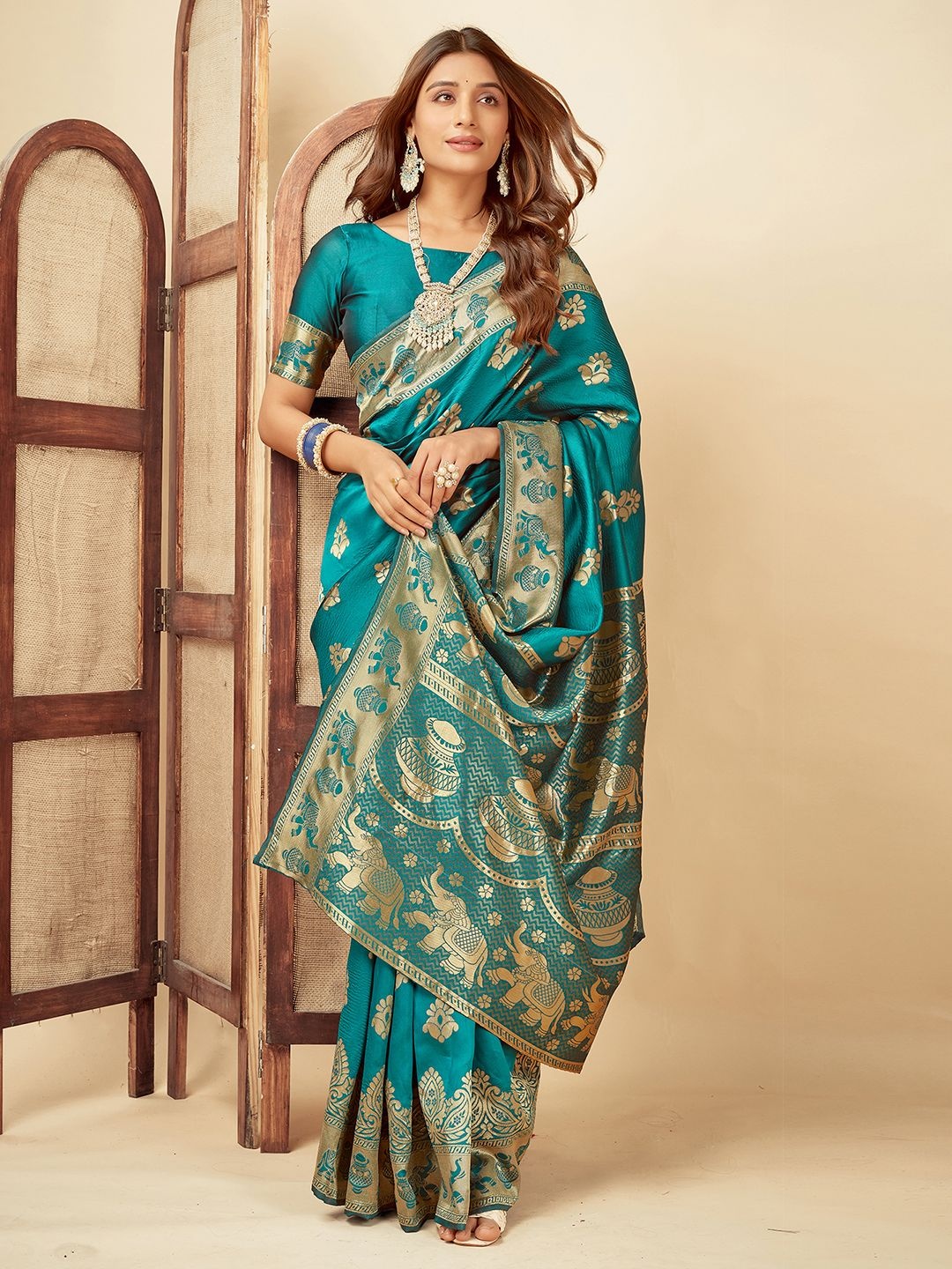 

KALINI Woven Design Zari Art Silk Banarasi Saree, Turquoise blue