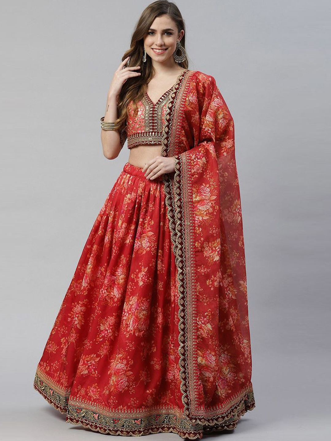 

FABPIXEL Floral Embroidered Semi-Stitched Lehenga & Unstitched Blouse With Dupatta, Maroon