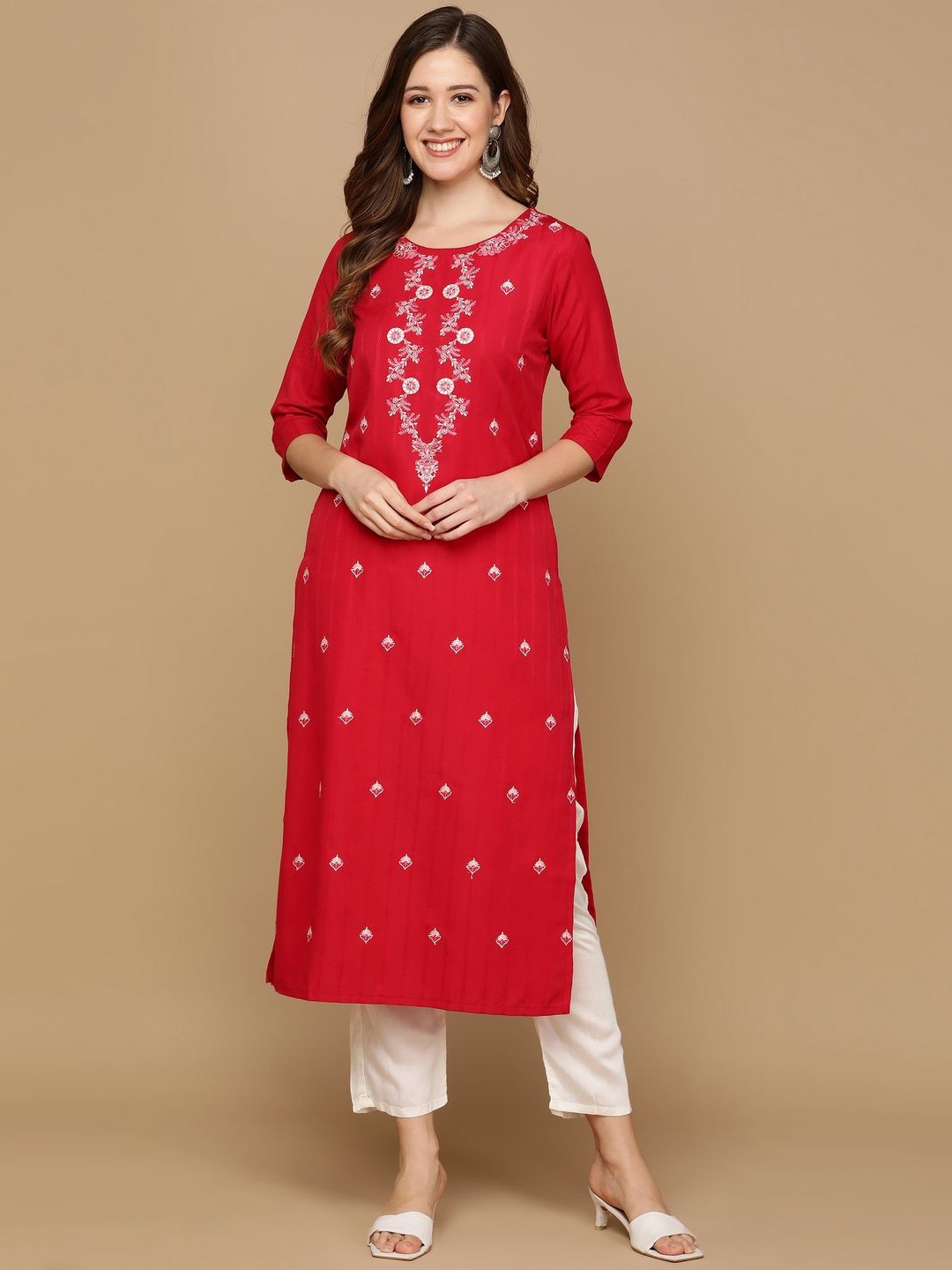 

Shiv ali apparels Floral Embroidered Round Neck Cotton Straight Kurta, Red