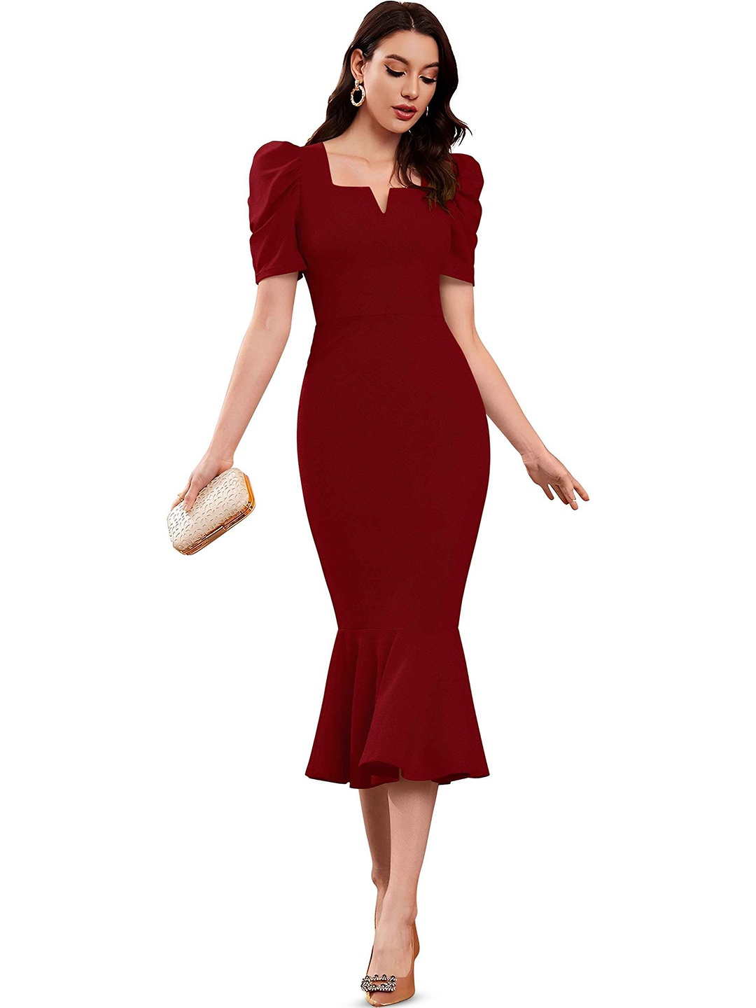 

SATPURUSH Puff Sleeve Sheath Midi Dress, Maroon