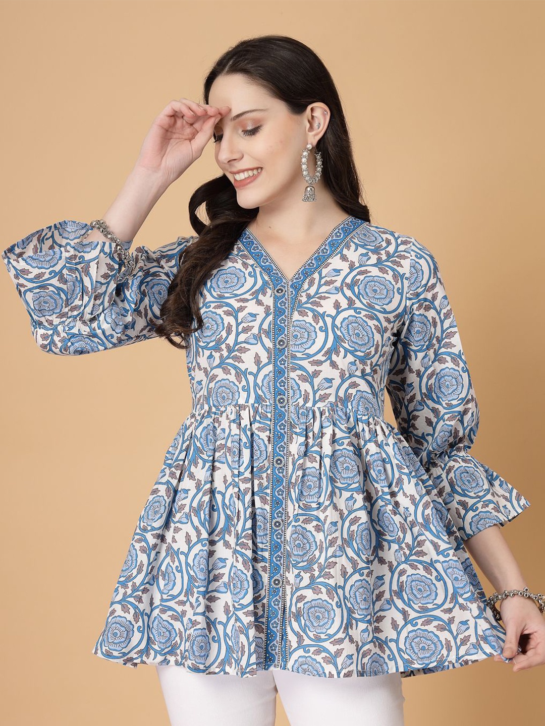 

God Bless Women Floral Printed Cotton Lace Empire Top, Blue