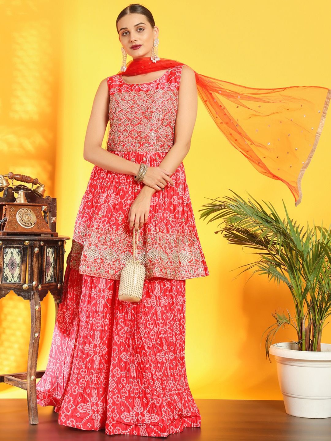 

Chhabra 555 Bandhani Printed Thread Work A-Line Kurta with Skirt & Dupatta, Red