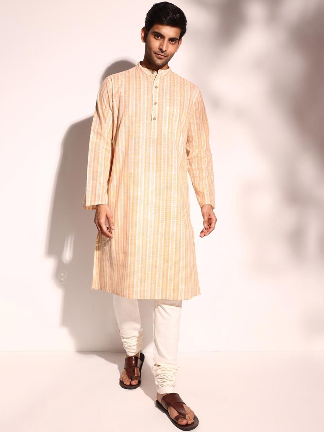 

Fabindia Striped Mandarin Collar Cotton Straight Kurta, Beige