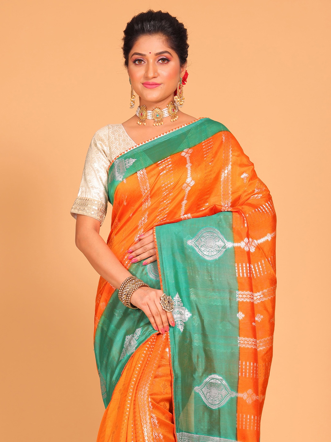 

Morchari Embroidered Zari Ethnic Motifs Pure Silk Saree, Orange