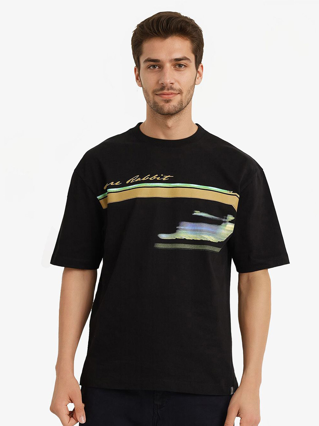 

RARE RABBIT Men Printed Round Neck Drop-Shoulder Sleeves Oversized T-shirt, Black