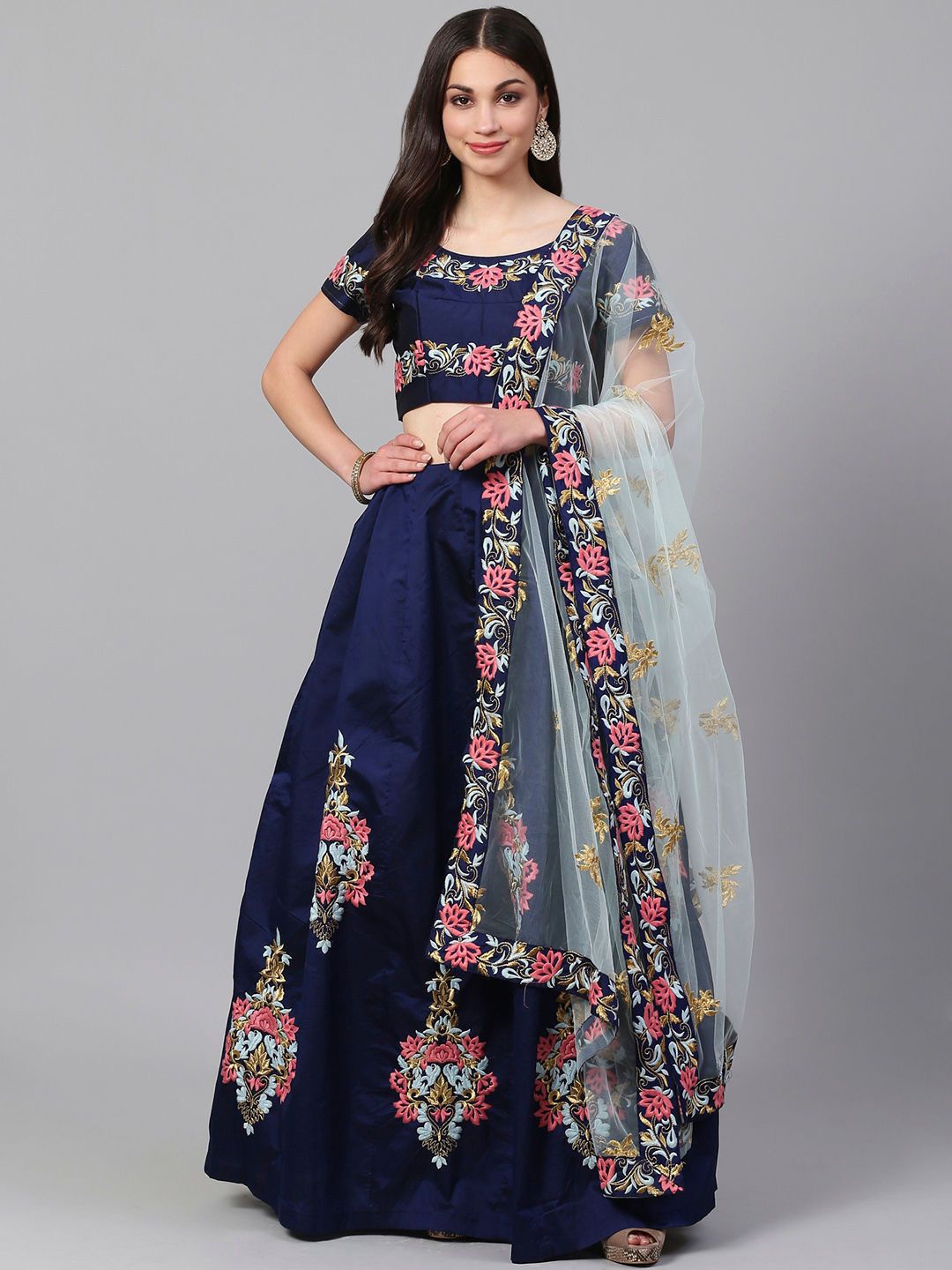 

FABPIXEL Embroidered Semi-Stitched Silk Lehenga & Unstitched Blouse With Dupatta, Blue