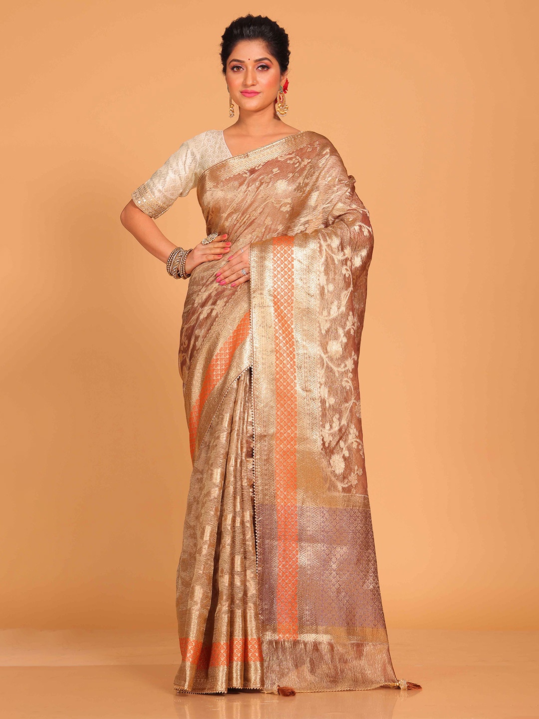 

Morchari Ethnic Motifs Zari Tissue Saree, Brown