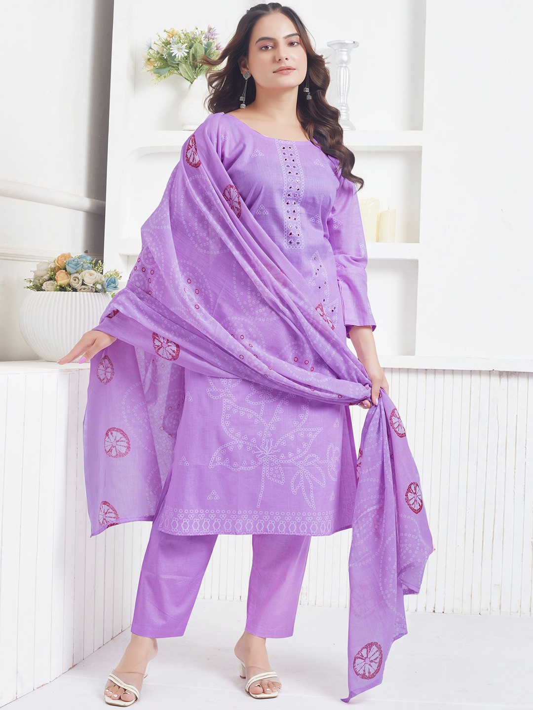 

Peachmode Floral Printed Mirror Work Pure Cotton Straight Kurta With Trousers & Dupatta, Lavender