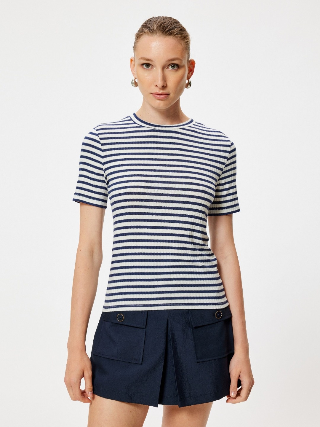 

Koton Women Striped Round Neck T-Shirt, Navy blue