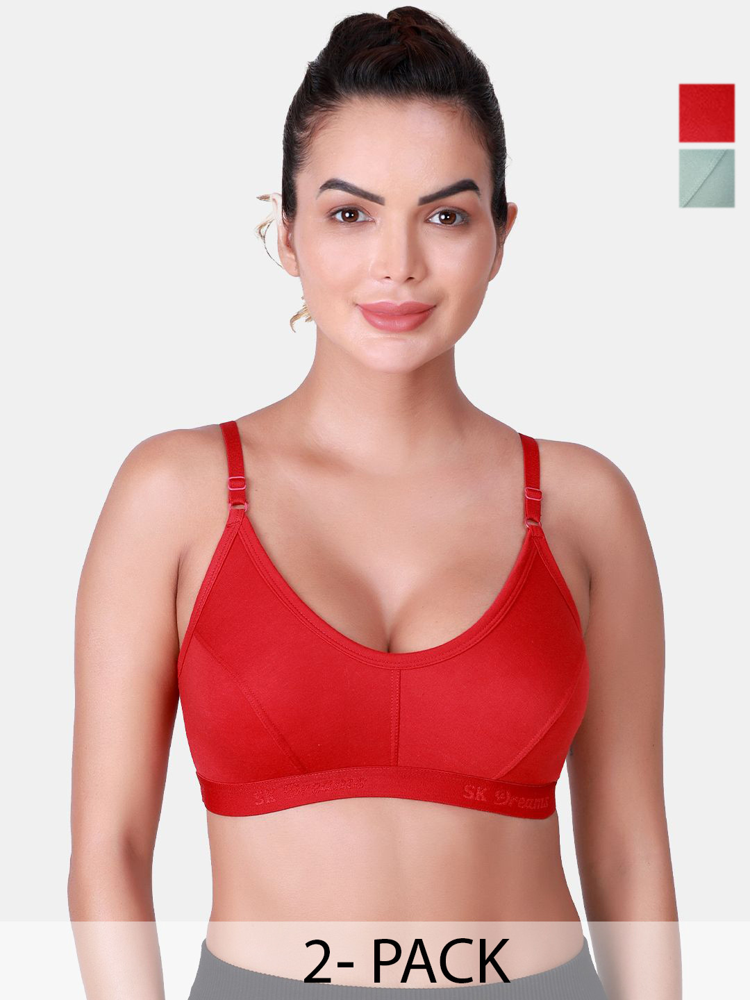 

SKDREAMS Pack Of 2 Cotton Seamed Non Padded Full Coverage Sports Bra, Red
