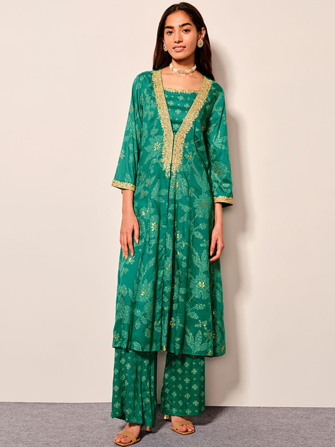 

Global Desi Bandhani Printed Square Neck Beads and Stones A-Line Kurta with Palazzo, Green