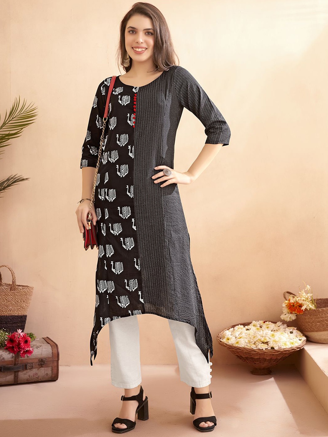 

Anouk Ethnic Motifs Printed Kantha Work Liva Asymmetric Kurta, Black