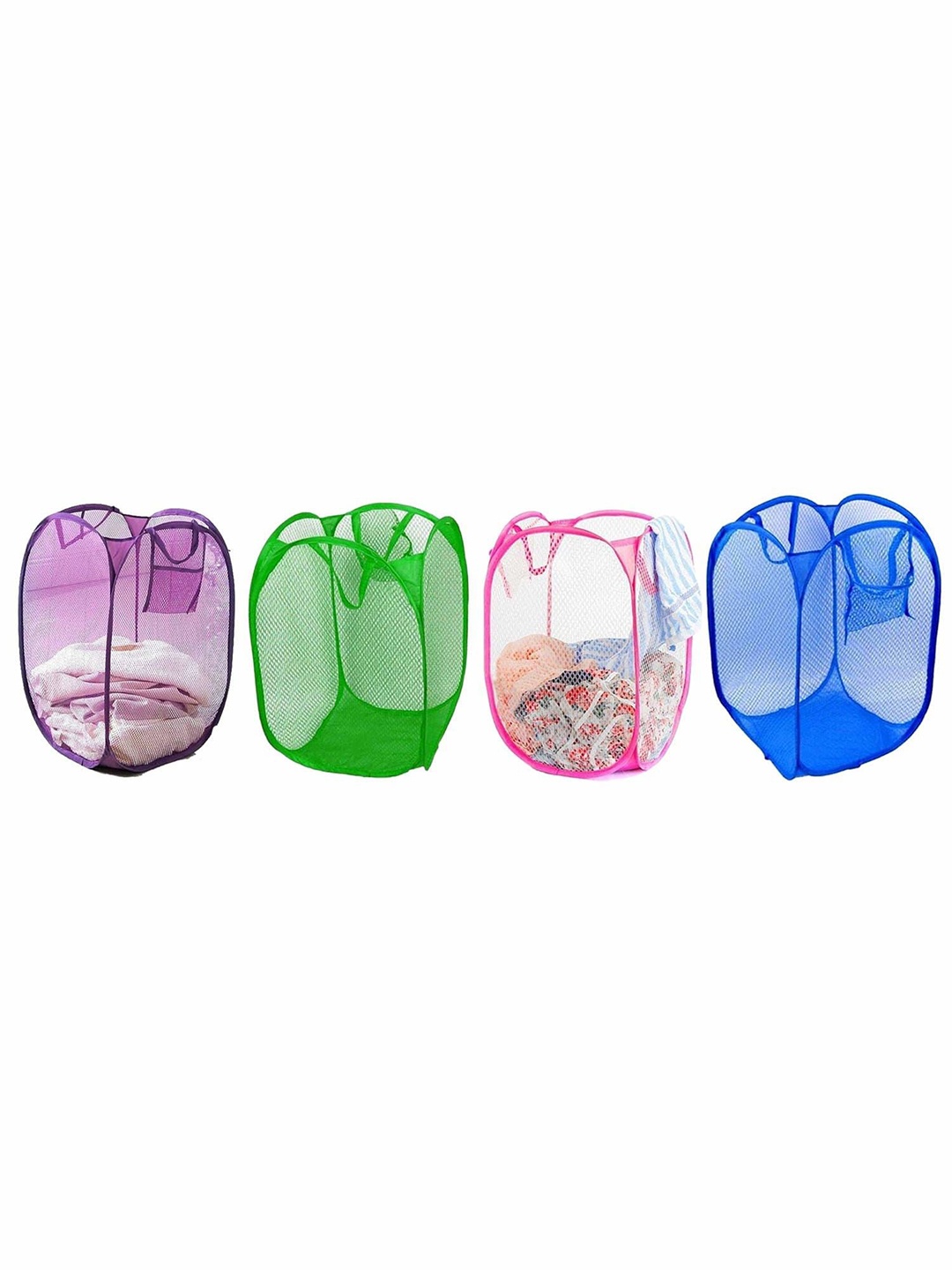 

Kuber Industries Blue & Pink 4 Pieces Meshed Foldable Laundry Baskets-20L